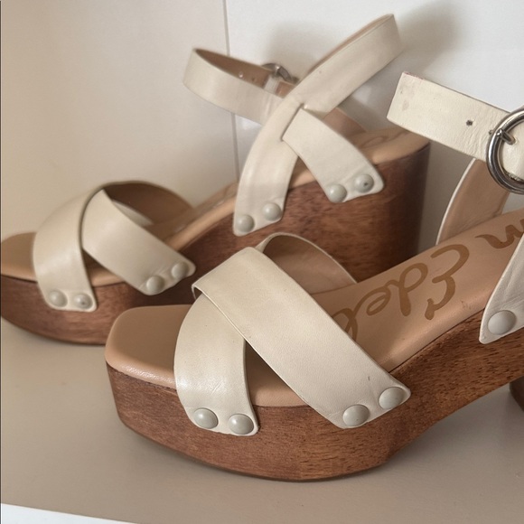 Sam Edelman Size 8.5 Josefine Heeled Platform Ivory Leather Blocked Heel Sandals - Picture 9 of 16